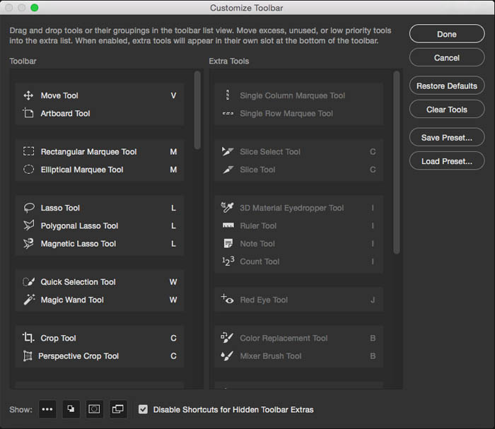 Customize toolbar in Photoshop CC 2015.1 