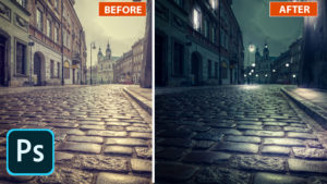 Change day to night in Camera Raw, lighting photos in Photoshop.