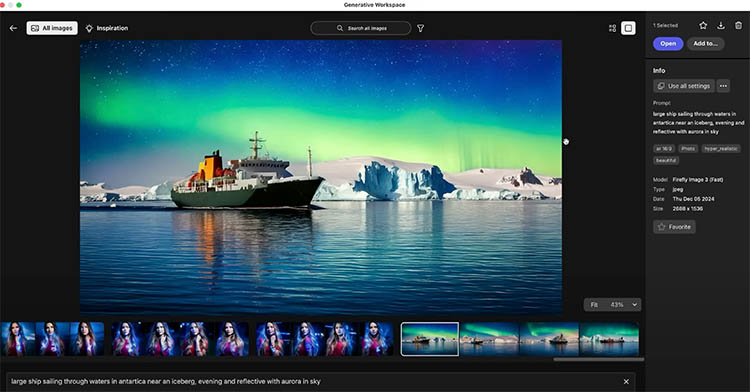 Example of ship generated with AI in Photoshop workspace