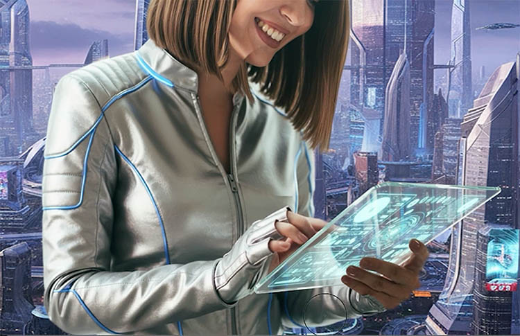 Futuristic glass tablet with glowing ui