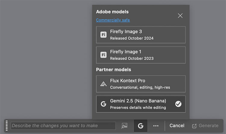 choose Gemini 2.5 nano banana and also Flux Context in Photoshop 