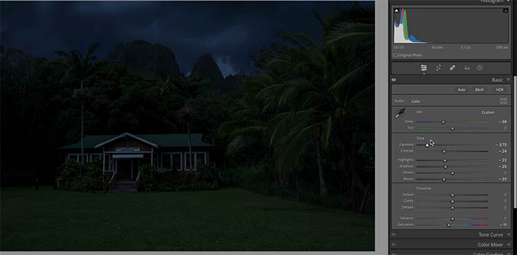 turning day to night, day for night, lightroom settings