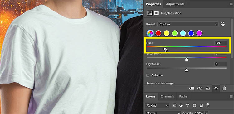 changing the hue of white in the properties panel in Photoshop