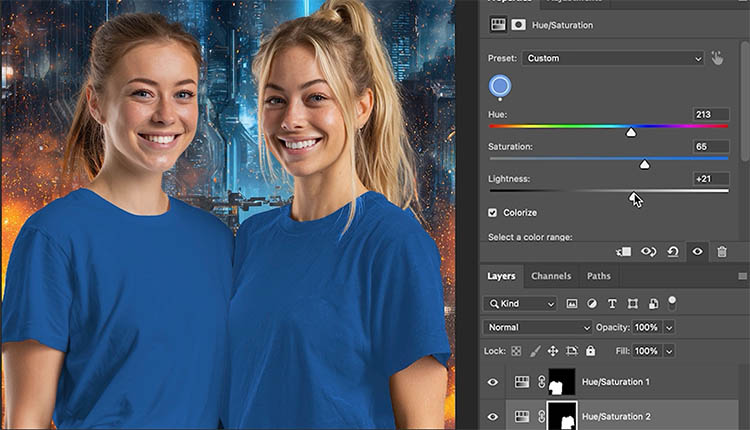 The result of colorizing a white shirt and a black shirt in Photoshop and matching the new colors to be the same..