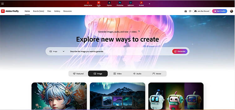 Adobe Firefly home page 