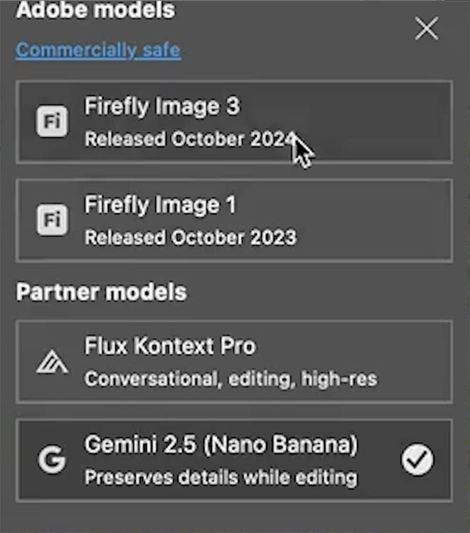 Adobe Firefly, Nana Banana, and Flux Context options in Photoshop