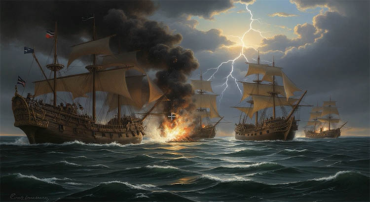 Complex prompt results showing sea battle generated by Flux