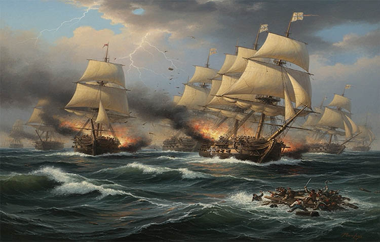 Complex prompt results showing sea battle generated by nano banana in Photoshop