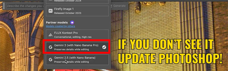 Photoshop Generative Fill model switcher showing Gemini 3 Nana Banana Pro