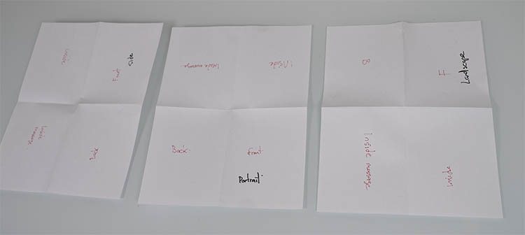 Paper mockup showing three different greeting card fold types
