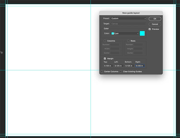 Photoshop guides set up for greeting card panels
