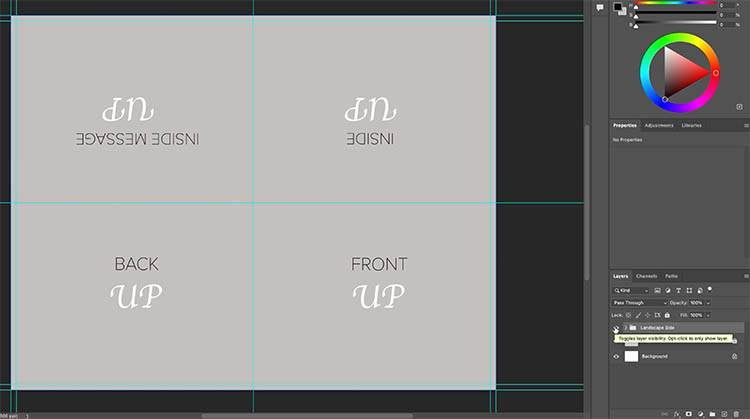 Smart object panels labeled front, back, inside, and inside message