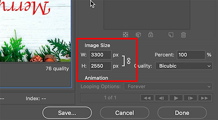 Save for Web dialog preparing greeting card JPEG for print