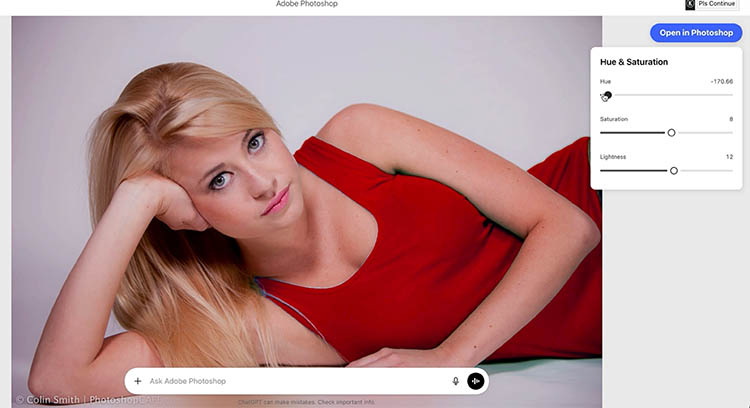 Hue shift on clothing using Photoshop for ChatGPT controls