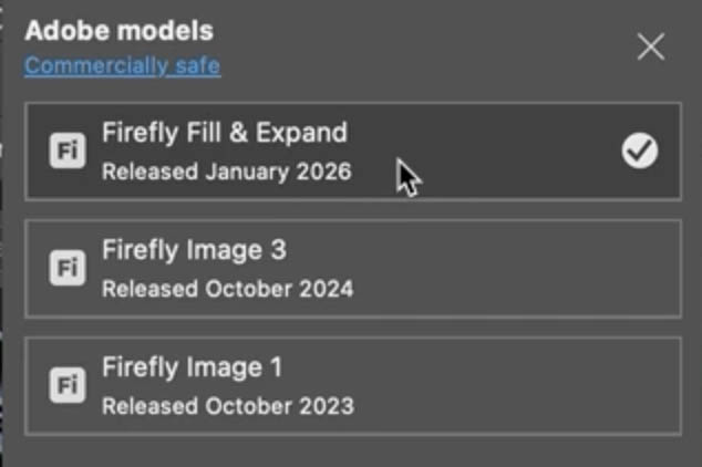choosing the firefly fill and expand model for generative fill in photoshop
