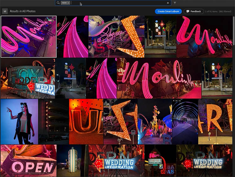 Neon sign search results in Lightroom