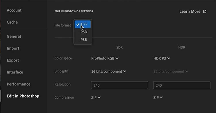 Edit in Photoshop settings dialog