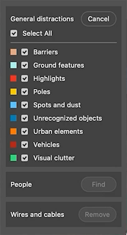 Color-coded distraction categories listed in the Find Distractions panel