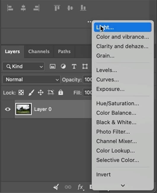 Light adjustment controls open in Photoshop 2026