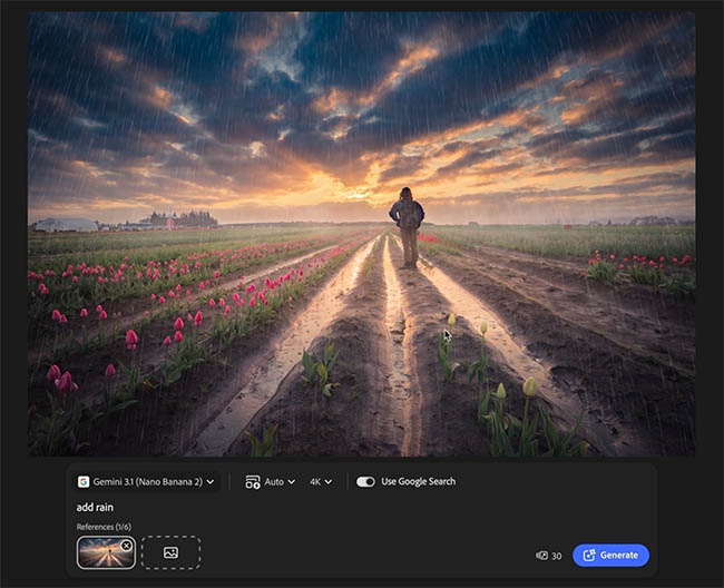 Adding rain to a photograph with AI Assisted editing