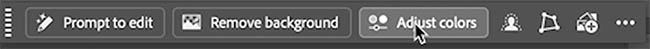 Photoshop contextual task bar with the cursor on Adjust colors, next to Prompt to edit and Remove background