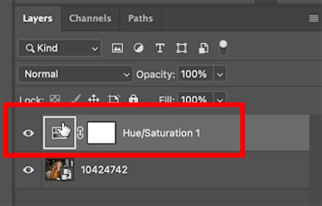 Layers panel with the Hue/Saturation 1 adjustment layer that Adjust colors created
