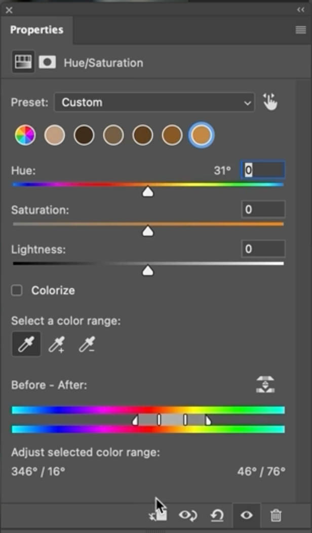 Hue/Saturation Properties panel with the Before and After color range bars at the bottom