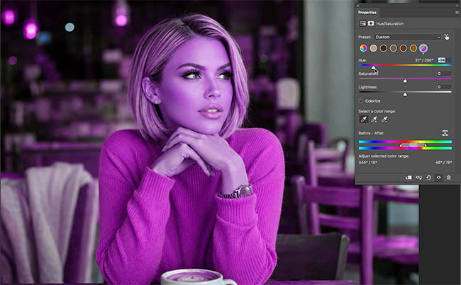 Moving the Hue slider turns the sweater, skin, hair and background purple