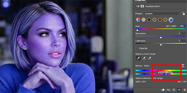 Dragging the color range handles in the Properties panel to narrow the adjustment