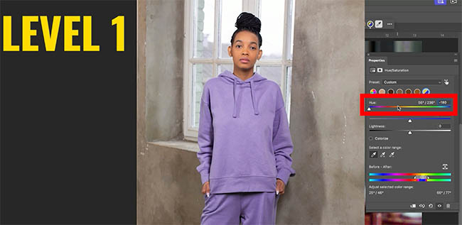 Level 1 color change of a woman's hoodie from blue to purple with the Hue slider