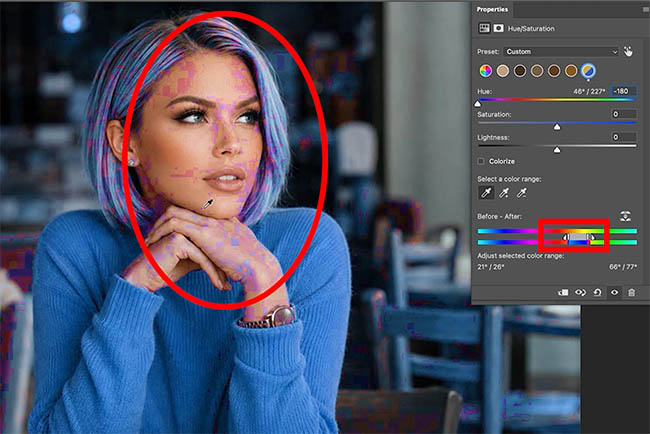 Widening the color range brings the purple speckles back onto her face and hair