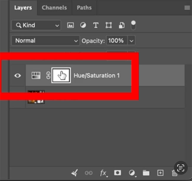 Clicking the layer mask thumbnail on the Hue/Saturation 1 adjustment layer
