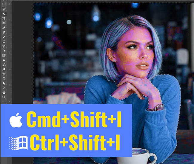 Select Inverse shortcut, Cmd+Shift+I on Mac and Ctrl+Shift+I on Windows, over the selected sweater