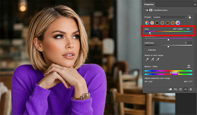 Sweater changed to purple by dragging the Hue slider on the masked adjustment