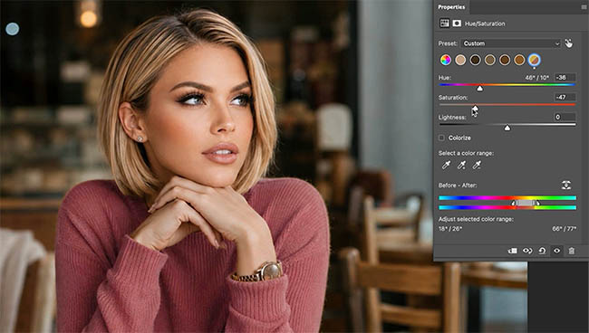 Lower Saturation gives the sweater a softer, muted dusty rose color