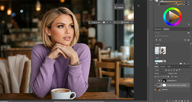 Lavender sweater result from Prompt to Edit shown in the Photoshop Layers panel
