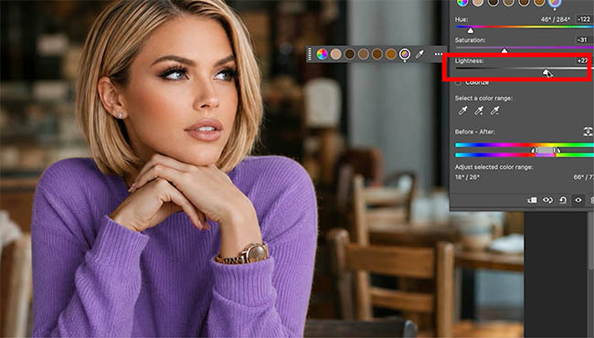 Hue/Saturation sweater adjusted to a lighter purple with the Lightness slider