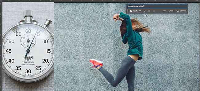 Stopwatch beside a dancer in a teal hoodie with the Prompt to Edit bar ready